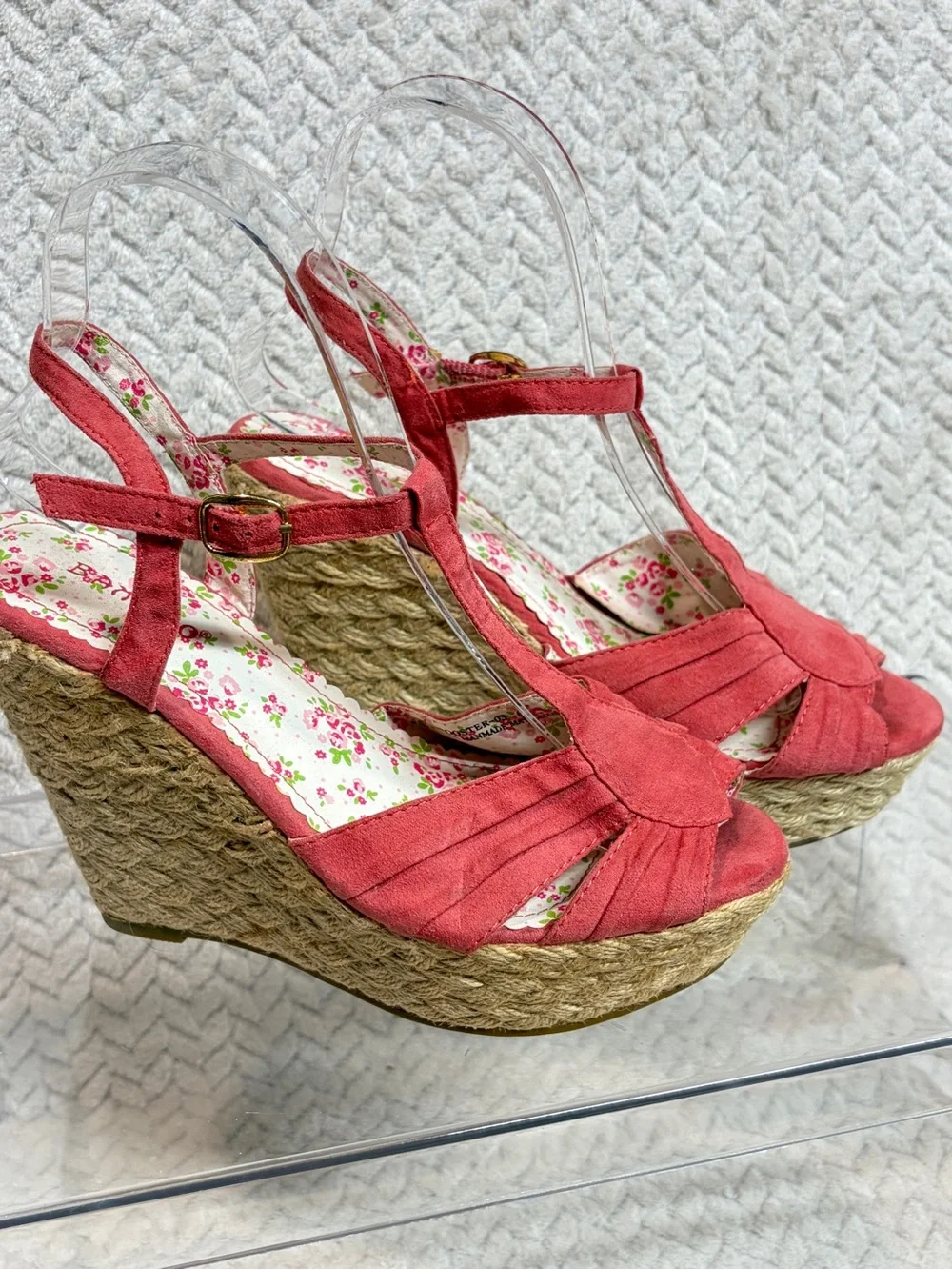 Bamboo Coral Red Espadrille Wedge Sandals 6 Floral T-Strap Cottagecore Y2K
